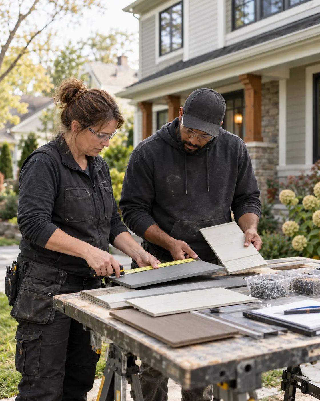 Two exterior renovation professionals measuring and comparing siding samples at a workbench outside a home