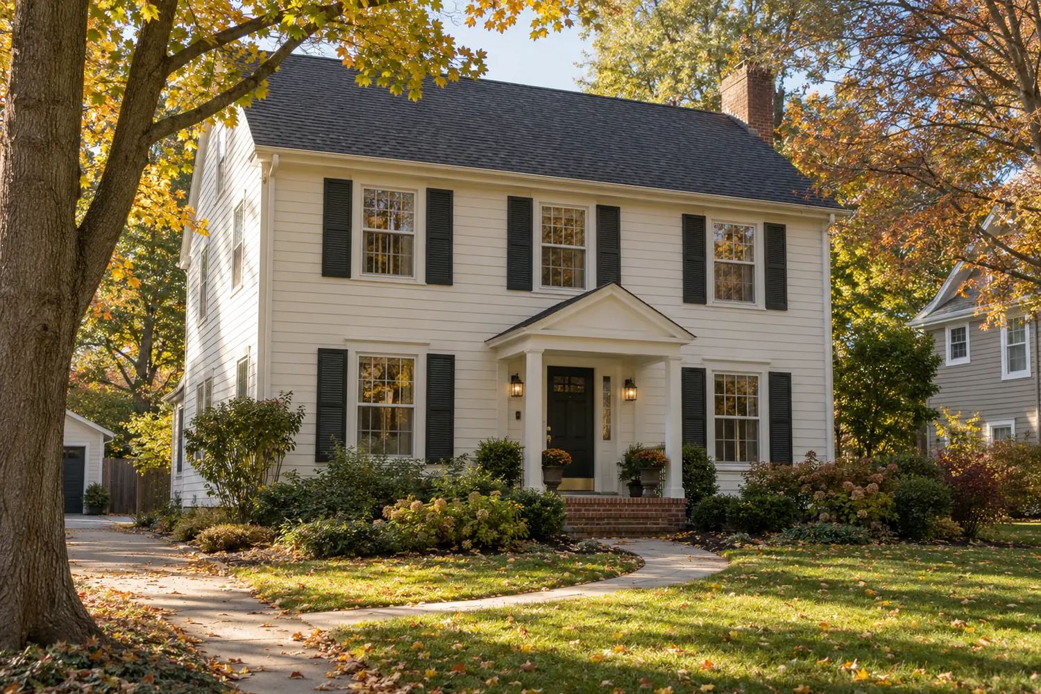 Two-storey colonial home with a charcoal dimensional roof, cream siding and dark shutters under maple trees