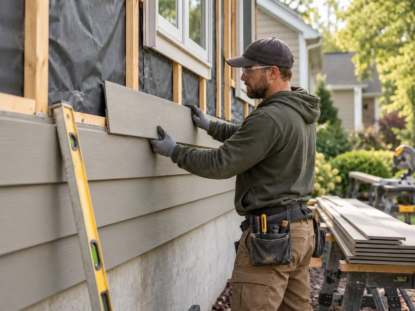An installer fitting a lap siding panel with a level against the wall