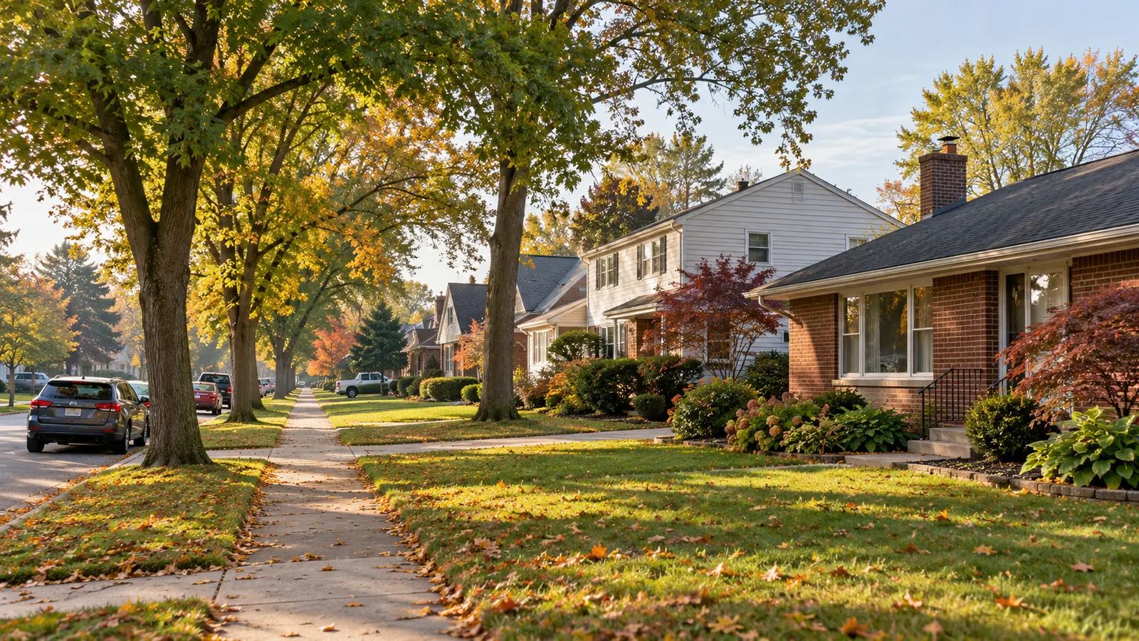 A quiet tree-lined residential street in a Greater Cleveland neighborhood with brick ranches and two-storey homes