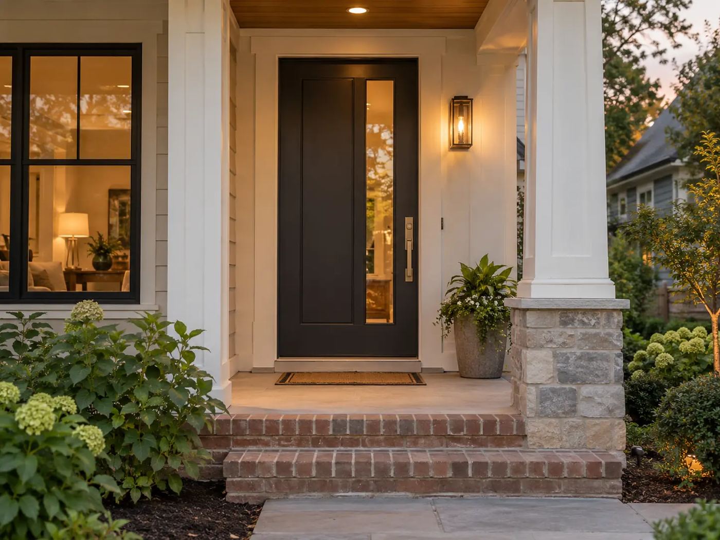 Charcoal front door with bronze hardware and a lit porch lantern