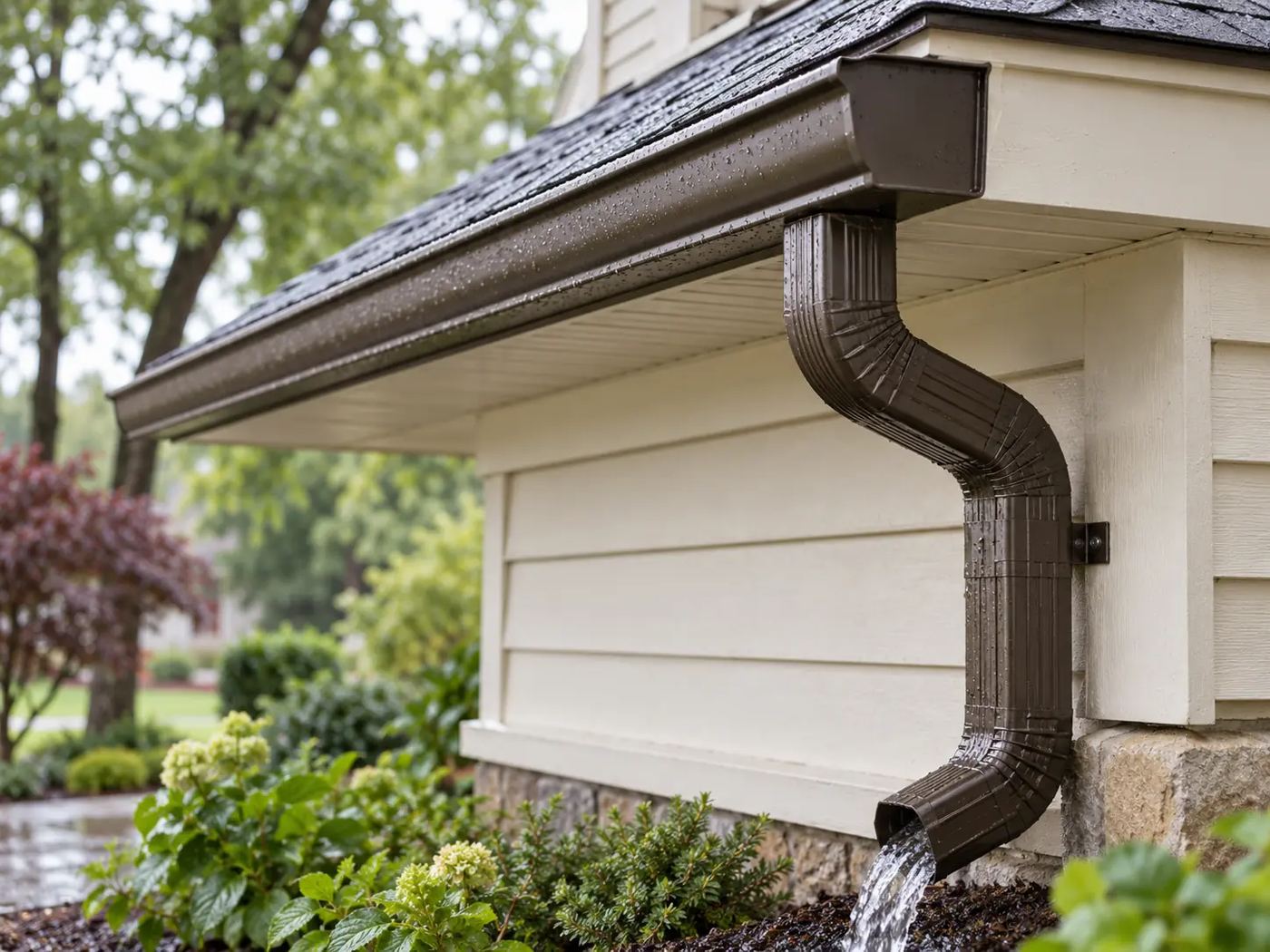 Dark bronze seamless gutter and downspout on a cream-sided house