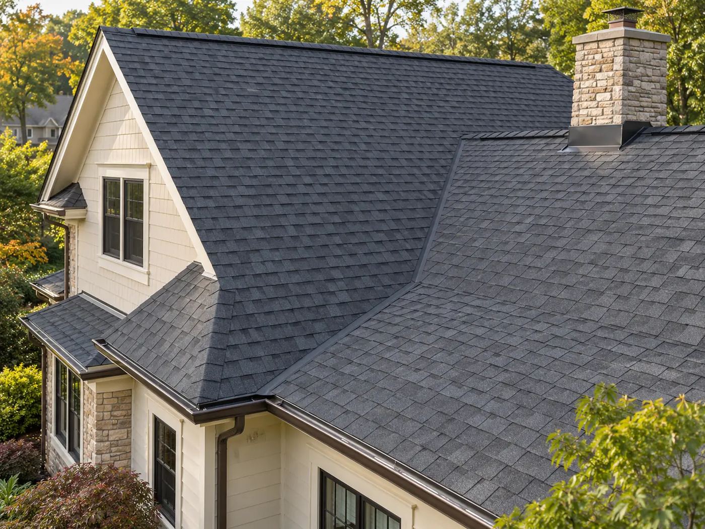 Charcoal architectural shingle roof with a chimney, seen from above the eaves