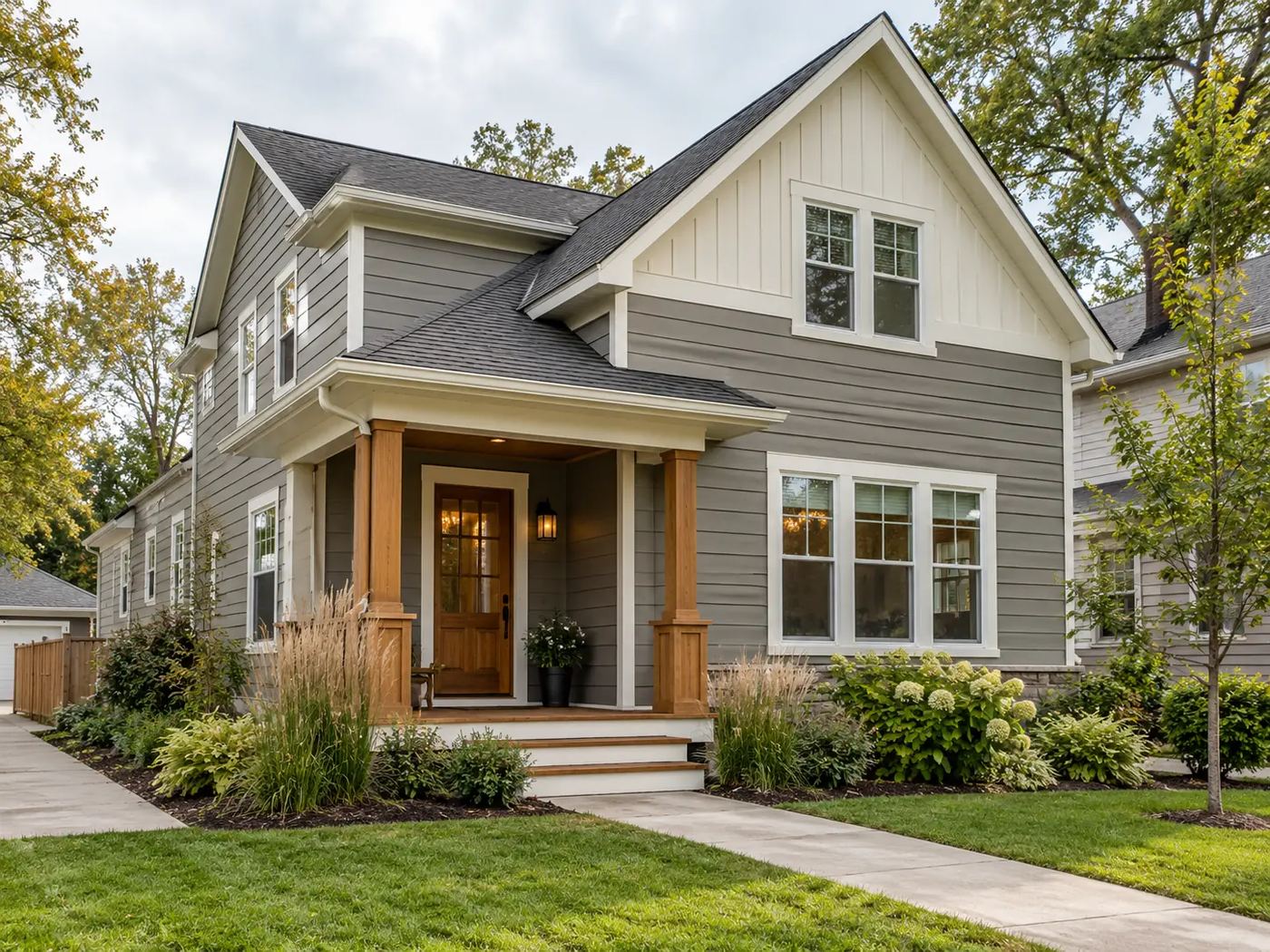 Craftsman-style home with warm gray lap siding and a covered front porch