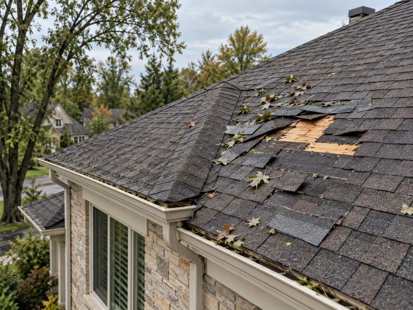 Roof with a patch of lifted and missing shingles after a windstorm