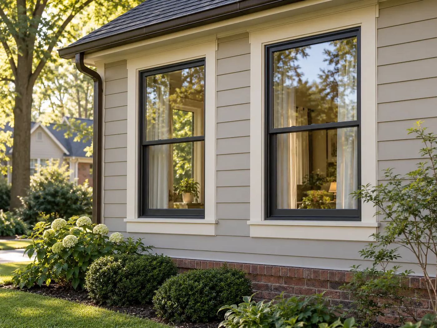Two white replacement windows in neutral siding with curtains visible inside